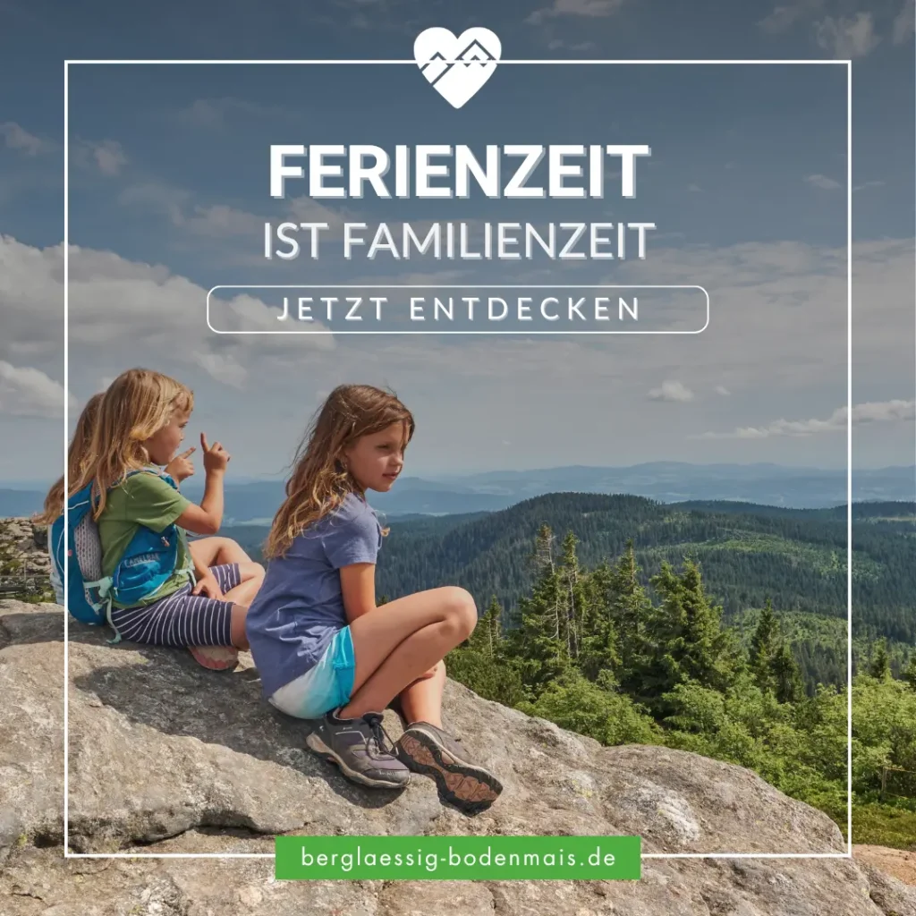 Zwei Kinder sitzen auf einer felsigen Bergkuppe und blicken auf eine malerische, bewaldete Berglandschaft unter blauem Himmel.