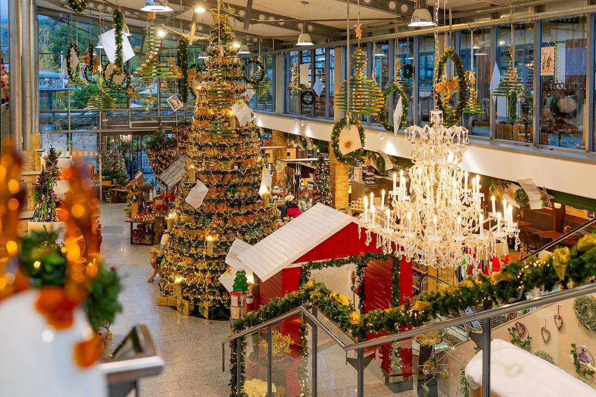Festliche Innenraumszene mit geschmückten Weihnachtsbäumen, Kränzen und einem großen Kronleuchter über einem rot-weißen Haus.