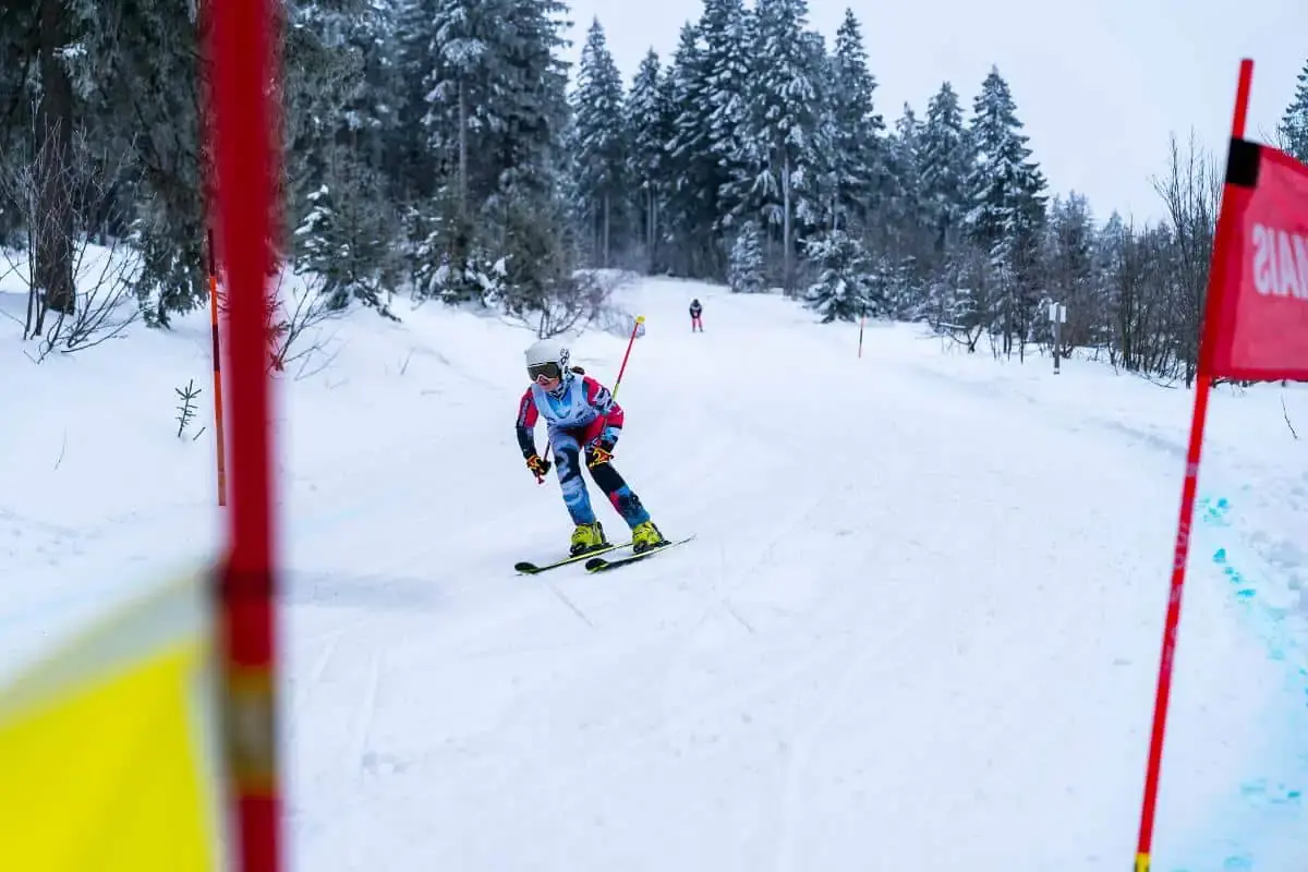 Ein Skifahrer rast eine verschneite Piste zwischen Fahnen hinunter, mit Bäumen und einem anderen Skifahrer im Hintergrund im Bayerischen Wald.