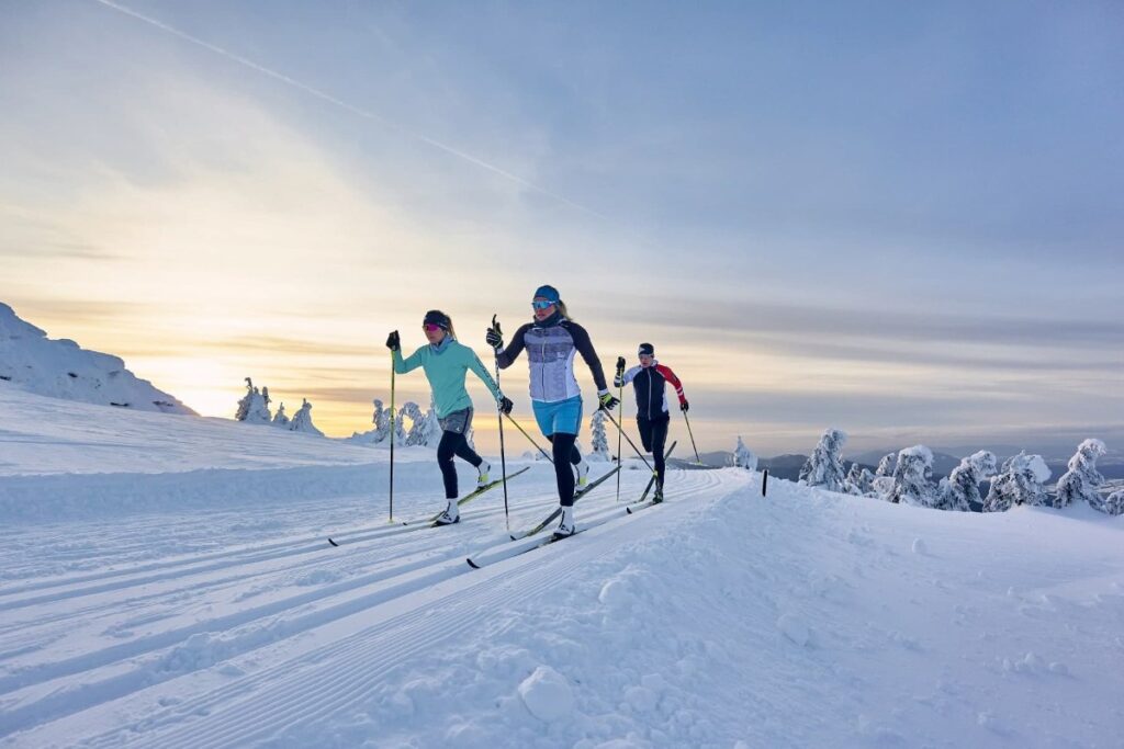 Drei Personen beim Skilanglauf in Bretterschachten auf einer verschneiten Loipe mit schneebedeckten B&auml;umen und einem Sonnenuntergang im Hintergrund.