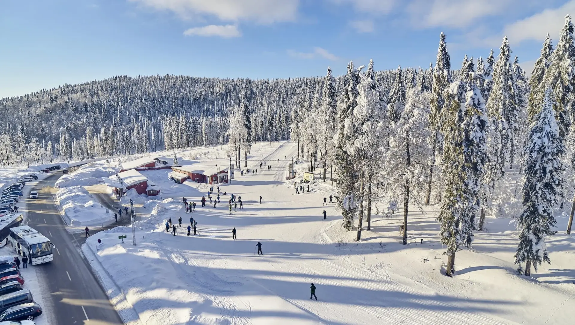 Spaziergänger und Langläufer in Bretterschachten mit hohen, schneebedeckten Bäumen und roten Gebäuden unter blauem Himmel.