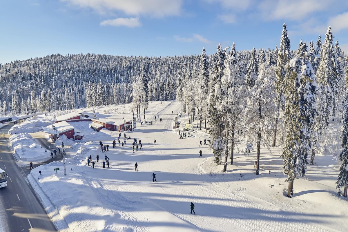 Eine verschneite Landschaft mit Menschen beim Skifahren zwischen schneebedeckten Bäumen und Gebäuden unter blauem Himmel.