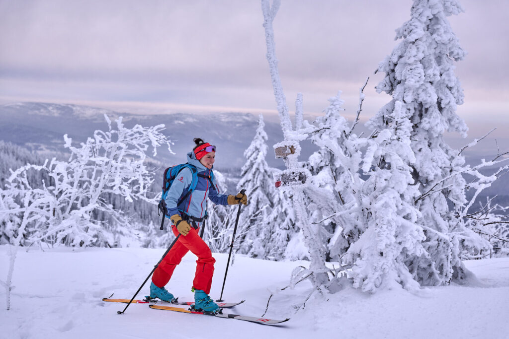 Skitourengeherin zwischen verschneiten Bäumen am Arber