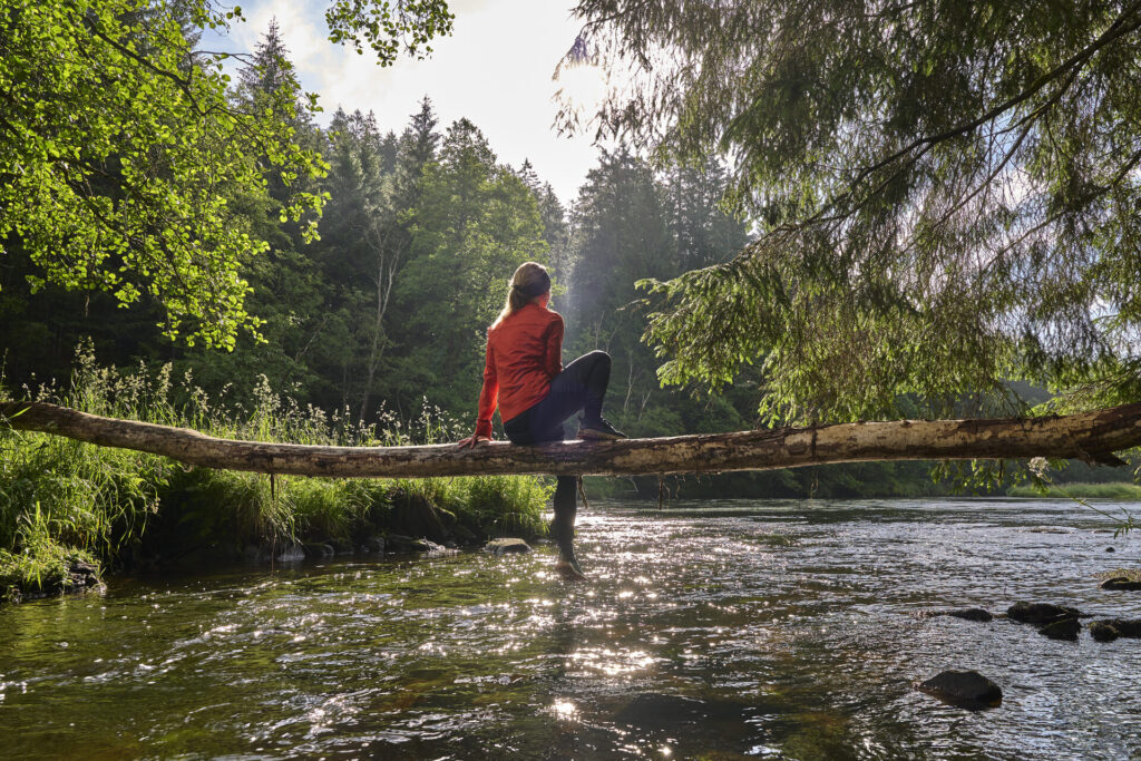 Wanderin sitzt auf einem Baumstamm über einem Bach im Bayerischen Wald