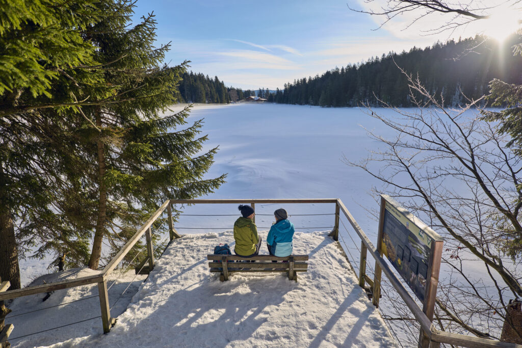 Zwei Personen auf der Aussichtsplattform am zugefrorenen See im Winter