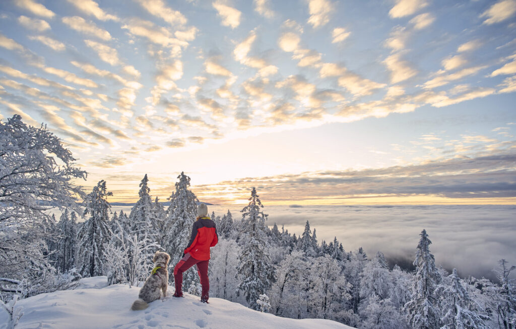 Wanderer im Schnee bei Sonnenuntergang im Bayerischen Wald